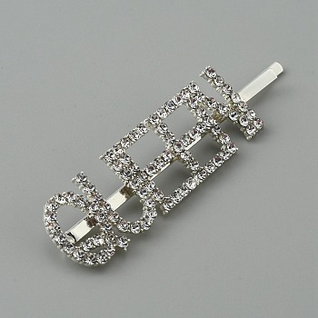 Word QUEEN Alloy Rhinestone Hair Bobby Pins, Hair Accessories for Girls, Silver, 73x19x6mm, QUEEN: 57.5x18mm