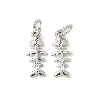 Brass Micro Pave Cubic Zirconia Pendants, Nickel Free, Fish Bone Charms, Rack Plating, Long-Lasting Plated, with Jump Ring, Platinum, 14x6x1.5mm, Hole: 3mm
