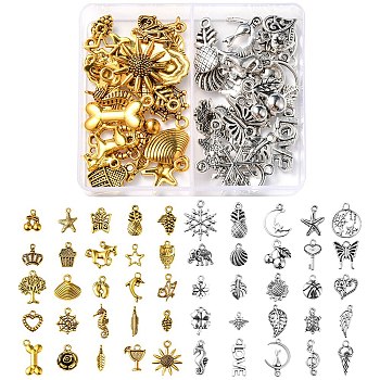 50Pcs 50 Style Tibetan Style Alloy Charms, Mixed Shapes, Antique Silver & Antique Golden, 10~22.5x4~18x1~5mm, Hole: 1~3mm, 1pc/style