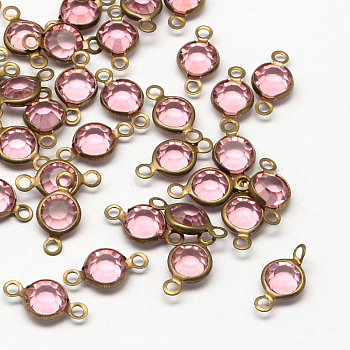 Brass Glass Links/Connectors, Faceted Flat Round, Raw(Unplated), Pink, 13x6~7x3mm, Hole: 2mm