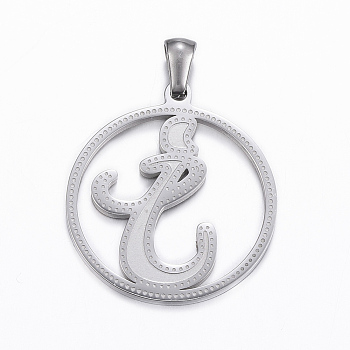 304 Stainless Steel Pendants, Flat Round with Letter.I, Stainless Steel Color, 28x25x1.2mm, Hole: 6x3mm