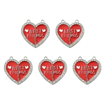 Alloy Enamel Split Pendant, with Rhinestone, Cadmium Free & Nickel Free & Lead Free, Platinum, Broken Heart with Word Best Friend, Dark Red, 31x30.5x2mm, Hole: 2mm