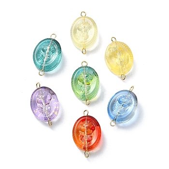 Glass Connector Charms, with Iron Double Loops, Oval Links, Mixed Color, Golden, 25x18x8.5mm, Hole: 1.8mm