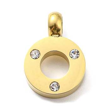 304 Stainless Steel Pendants, with Rhinestone, Round Rings Charm, Real 14K Gold Plated, 18.5x13x3.5mm, Hole: 3.5mm