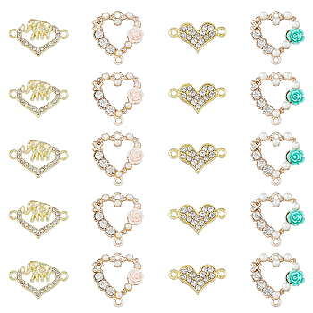 32Pcs 4 Styles Alloy Crystal Rhinestone Connector Charms, Light Gold, with Resin, Heart Links, Golden, 12~20.5x19~21.5x2~5mm, Hole: 1.6mm, 8pcs/style