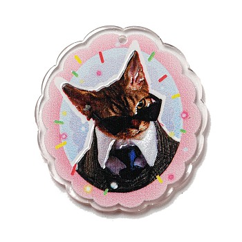 Acrylic Pendant, Animal Theme, Cat, Oval, 39.5x36.5x2.5mm, Hole: 1.5mm