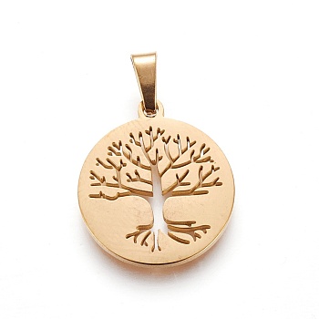 304 Stainless Steel Pendants, Flat Round with Tree, Golden, 19~20x16~17x1.5mm, Hole: 5x2.5mm