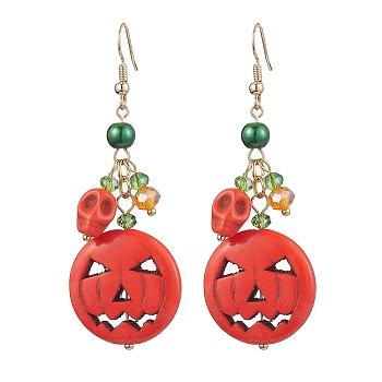 Pumpkin Synthetic Turquoise Dangle Earrings, Glass Beaded Earrings for Women, Golden, 69x24.5mm