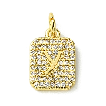 Rack Plating Brass Micro Pave Clear Cubic Zirconia Charms, Long-Lasting Plated, Lead Free & Cadmium Free, Rectangle with Letter Pattern, with Jump Ring, Real 18K Gold Plated, Letter Y, 14x9.5x2mm, Hole: 3mm