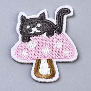 Mushroom with Cat Appliques, Computerized Embroidery Cloth Iron on/Sew on Patches, Costume Accessories, Pearl Pink, 46x36x1.5mm(DIY-S041-004)