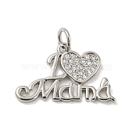 Mother's Day Heart with Word I Love Mama Charms, Rack Plating Brass Micro Pave Clear Cubic Zirconia Pendants, with Jump Ring, Cadmium Free & Lead Free, Long-Lasting Plated, Platinum, 12.5x20.5x1.5mm, Hole: 3.4mm(KK-A200-14P)