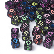 Craft Style Acrylic Beads, Cube with Cross, Black, 6x6x6mm, Hole: 3mm, about 3000pcs/500g(MACR-Q226-01A)