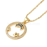 Brass Pave Cubic Zirconia Ring with Star & Moon Pendant Necklaces for Women, Real 18K Gold Plated, Blue, 16.93 inch(430mm)(NJEW-S429-02G-03)