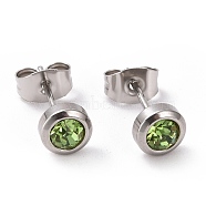 Rhinestone Column Stud Earrings, Stainless Steel Color Plated 304 Stainless Steel Jewelry for Women, Peridot, 15x6mm, Pin: 0.8mm(EJEW-H357-04P-05)