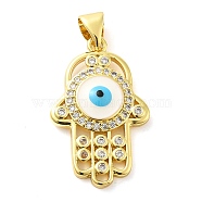 Real 18K Gold Plated Brass Clear Cubic Zirconia Pendants, with Enamel, Hamsa Hand with Evil Eye, Clear, 24.5x15.5x3.5mm, Hole: 5x3.5mm(KK-A198-20G)