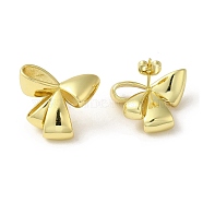 Brass Stud Earrings, with Clear Cubic Zirconia for Women, Heart with Bowknot, Real 18K Gold Plated, 21x24mm(EJEW-D109-06G)