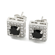Brass Micro Pave Cubic Zirconia Ear Studs, Square, Platinum, 9.5x9.5mm(EJEW-P261-15P)