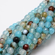 Faceted Natural Agate Round Beads Strands, Dyed, Sky Blue, 6mm, Hole: 1mm, about 64pcs/strand, 14.7 inch(G-E319A-6mm-04)