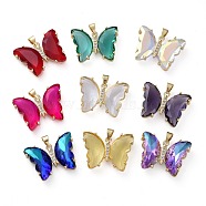 Brass Micro Pave Clear Cubic Zirconia Pendants, with Glass, Butterfly, Golden, Mixed Color, 20x26.5x5mm(ZIRC-P079-A01-M)