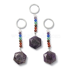 Natural Amethyst Hexagon Pendant Keychain, with 7 Chakra Gemstone Beads and Platinum Tone Brass Findings, 11.4cm(G-Z033-02A-P)
