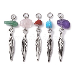 5Pcs 5 Styles Natural Mixed Gemstone Chip Pendants, Tibetan Style Alloy Feather Charms, Antique Silver, 40mm, 1pc/style(PALLOY-JF02299-02S)
