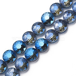Electroplate Transparent Glass Beads Strands, Faceted, Flat Round, Blue, 10x6mm, Hole: 0.9mm, about 70pcs/strand, 27.95 inch(71cm)(EGLA-N002-38-F03)