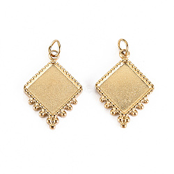 304 Stainless Steel Pendant Cabochon Settings, with Jump Rings, Rhombus, Real 14K Gold Plated, Tray: 11x11mm, Side Length: 10x10mm, 17.5x13x2mm, Jump Ring: 3.8x0.5mm, 2.8mm inner diameter(X-STAS-S116-246G)