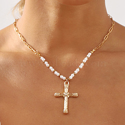 Alloy Rhinestone Pendant Necklaces for Women, Plastic Imitation Pearl Beads Necklaces, Cross, 16.93 inch(43cm)(NJEW-U013-10G-02)