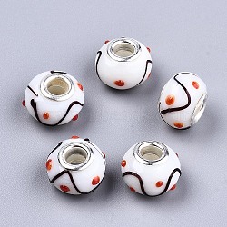 Opaque Handmade Lampwork European Beads, Bumpy, Large Hole Beads, with Silver Color Brass Double Cores, Rondelle, White, 14.5x10mm, Hole: 5mm(X-LAMP-T008-02)