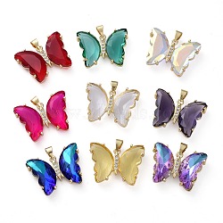 Brass Micro Pave Clear Cubic Zirconia Pendants, with Glass, Butterfly, Golden, Mixed Color, 20x26.5x5mm(ZIRC-P079-A01-M)