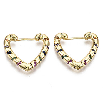 Brass Micro Pave Cubic Zirconia Huggie Hoop Earrings, Nickel Free, Heart, Colorful, Real 16K Gold Plated, 18x19~20x3mm, Pin: 0.8mm