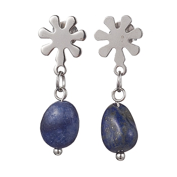 Natural Lapis Lazuli Twist Oval Dangle Stud Earrings, 304 Stainless Steel Flower Earrings, 25~26x7mm
