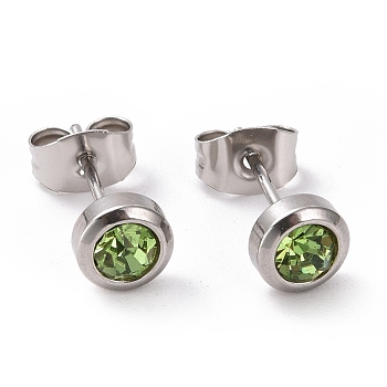 Rhinestone Column Stud Earrings, Stainless Steel Color Plated 304 Stainless Steel Jewelry for Women, Peridot, 15x6mm, Pin: 0.8mm