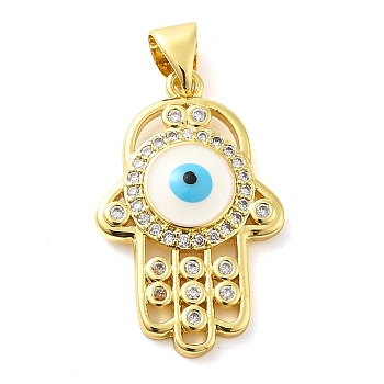 Real 18K Gold Plated Brass Clear Cubic Zirconia Pendants, with Enamel, Hamsa Hand with Evil Eye, Clear, 24.5x15.5x3.5mm, Hole: 5x3.5mm