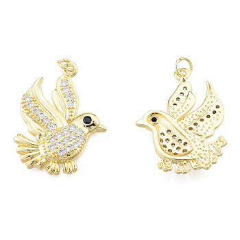 Brass Micro Pave Clear Cubic Zirconia Pendants, with Brass Jump Rings, Nickel Free, Bird, Real 18K Gold Plated, 29x22x3.5mm, Jump Ring: 5mm in diameter, 1mm thick, 3mm inner diameter