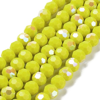 Opaque Glass Beads Strands, Faceted, Round, Yellow, 10x9mm, Hole: 1.3mm, about 65~68pcs/strand, 24.13~24.21''(61.3~61.5cm)