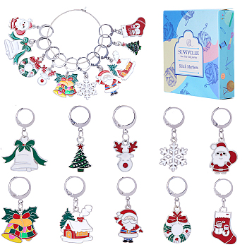 Christmas Theme Alloy Enamel Bell/Santa Claus/Snowflake Pendant Locking Stitch Markers, 304 Stainless Steel Leverback Hoop Stitch Marker, Mixed Color, 3.2~3.9cm, 10 style, 2pcs/style, 20pcs/set
