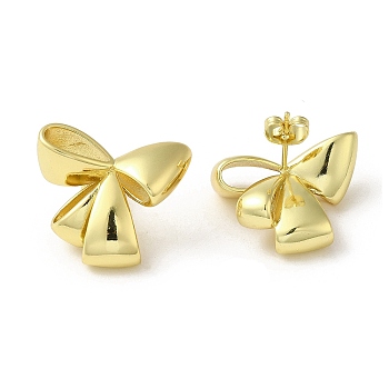 Brass Stud Earrings, with Clear Cubic Zirconia for Women, Heart with Bowknot, Real 18K Gold Plated, 21x24mm