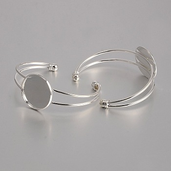 Brass Cuff Bangle Making, Blank Bangle Base, with Flat Round Tray, Silver Color Plated, 60mm, Tray: 25mm