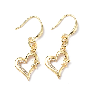 Clear Cubic Zirconia Heart with Butterfly Dangle Earrings, Rack Plating Brass Jewelry for Valentine's Day, Golden, 39mm, Pin: 1mm