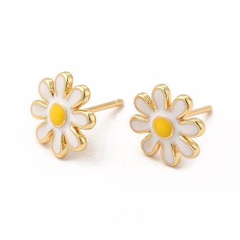 Enamel Daisy Flower Stud Earrings, Real 18K Gold Plated Brass Jewelry for Women, Cadmium Free & Lead Free, White, 11mm, Pin: 0.7mm