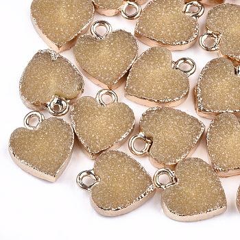 Electroplate Druzy Resin Pendants, with Iron Findings, Heart, Light Gold, Goldenrod, 15x12x3.5~4mm, Hole: 1mm