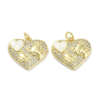 Brass Micro Pave Clear Cubic Zirconia Pendants, with Synthetic Opal and Jump Rings, Real 18K Gold Plated, Heart with Bear Charms, White, 16x18.5x4.5mm, Hole: 3mm