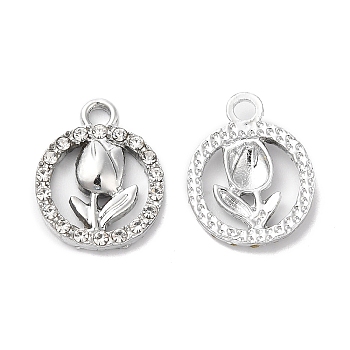 Rack Plating Alloy Crystal Rhinestone Pendants, Ring with Rose Charms, Platinum, 16.5x13x2.5mm, Hole: 2mm