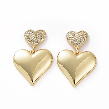 Clear Cubic Zirconia Heart Dangle Stud Earrings, Brass Jewelry for Woman, Golden, 30mm, Pin: 0.7mm