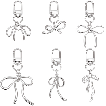 6Pcs 6 Styles Alloy Bowknot Pendant Decorations, with Alloy Swivel Clasps, Platinum, 65~80mm, 1pc/style