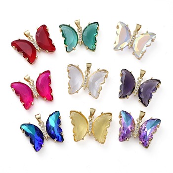 Brass Micro Pave Clear Cubic Zirconia Pendants, with Glass, Butterfly, Golden, Mixed Color, 20x26.5x5mm