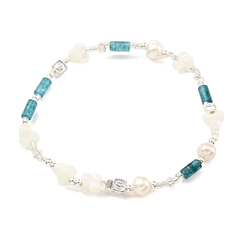 Column Natural Dyed Gemstone Stretch Bracelets, Natural Pearl & Trochus Shell Bracelets for Women, Platinum, Inner Diameter: 2-1/2 inch(6.2cm)