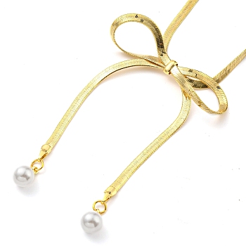 Brass Pendant Necklaces, with Plastic Imitation Pearl Pendant, Bowknot, Real 18K Gold Plated, 16.73 inch(425mm)