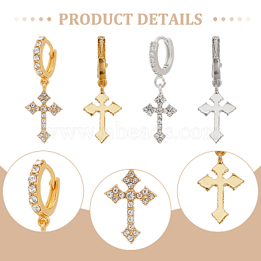 2Pcs 2 Colors Brass Cross Dangle Hoop Earrings with Rhinestone(EJEW-AN0004-64)-3